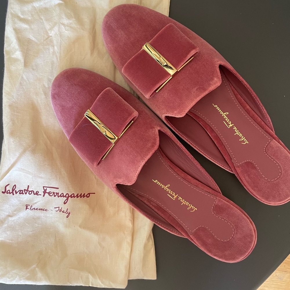Ferragamo pink mules with gold detail